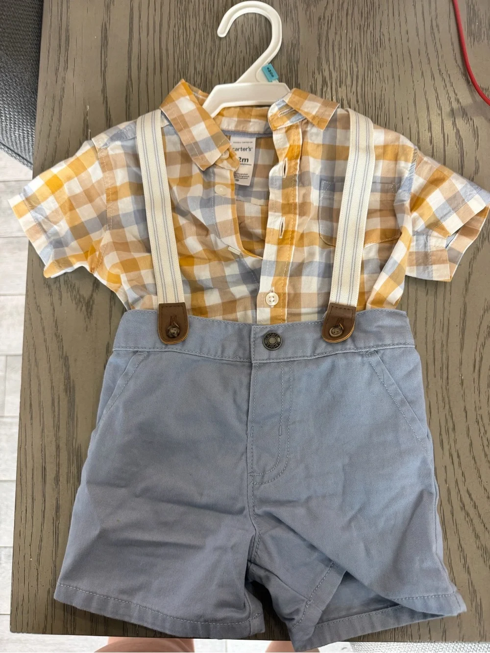Carter's Yellow Plaid Shirt with Light Blue Shorts and Cream Suspenders
